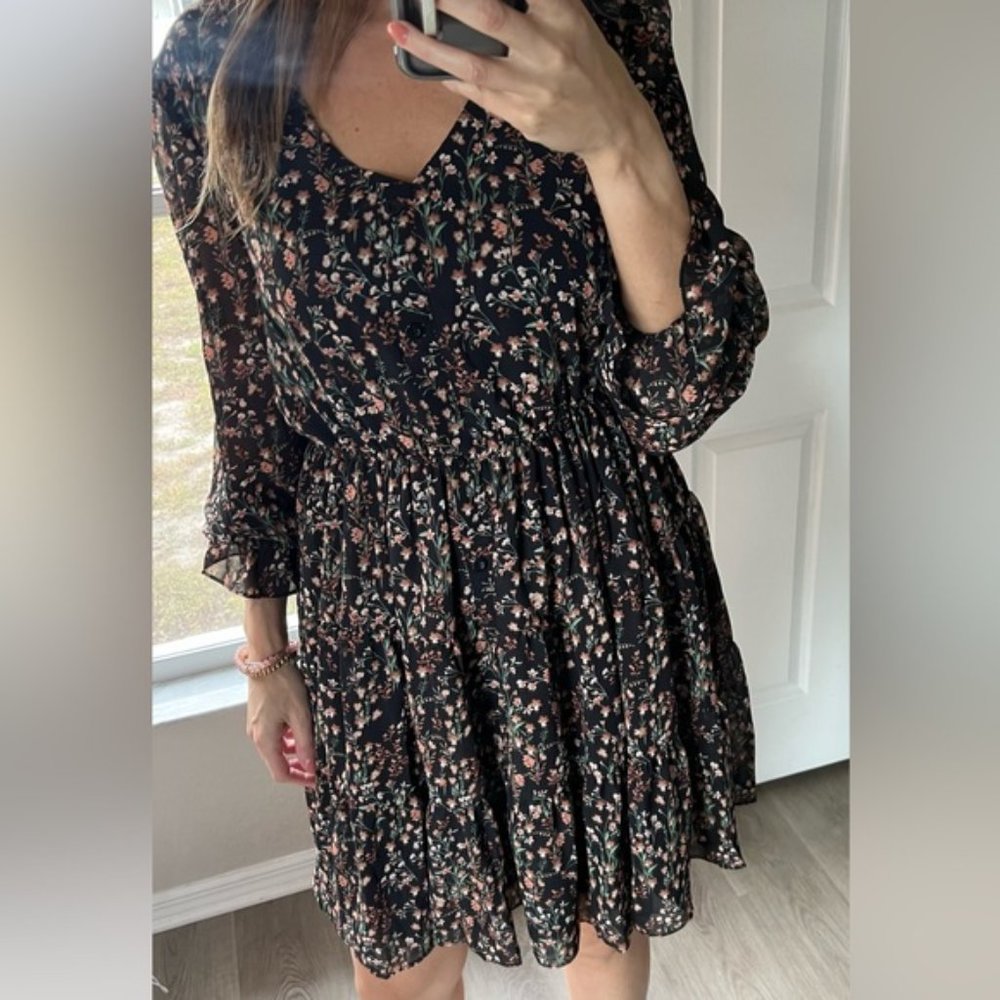 Amelia Black Floral Print Ruffled Puff Mini Dress - Picture 3 of 5